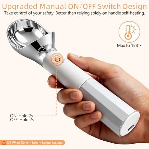 KEHFPMW Heated Ice Cream Scoop Rechargeable, 30s Rapid Heating Electric Scooper to 158°F with LED Display, IP65 Waterproof & Easy to Clean, Smart Touch Safety Lock for Hard Gelato & Cookie Dough,White - Thumbnail 4