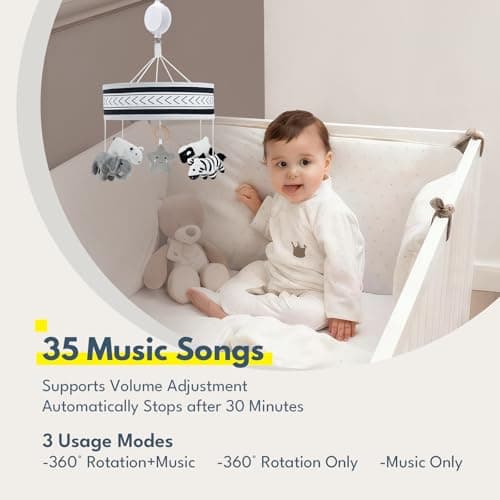 Lovvie & Joy Baby Crib Mobile,Mobile for Crib with 35 Lullabies and Stuffed Animals Hanging Toys for Newborns Boys and Girls,Black & White Animals Nursery Decor - Thumbnail 3