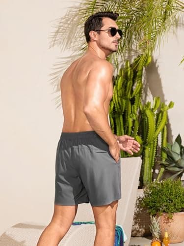 SILKWORLD Mens Swimming Trunks Compression Lined Swim Shorts 2 in 1 Bathing Suits with Zipper Pockets, Dark Grey, X-Large - Thumbnail 4