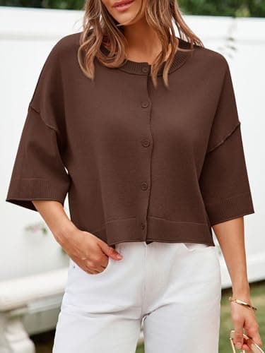 Cicy Bell Womens Half Sleeve Cardigan Sweaters Cropped Button Down Tops Oversized Lightweight Ribbed Knit Summer Outfits Coffee - Thumbnail 2