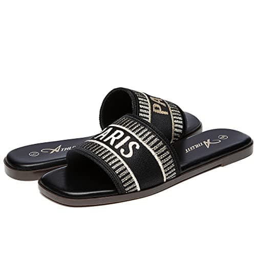 Athlefit Women's Slides Summer Fashion Slip On Flat Sandals Dressy Black Size 8.5 - Thumbnail 6