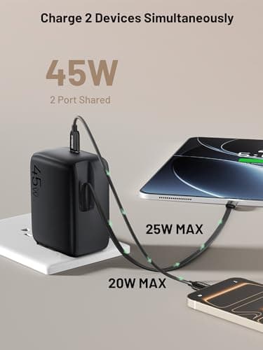 Omnibar Retractable Charger, 45W 2-Port USB C Fast Charger Block with Foldable Plug, GaN Compact PD PPS Type C Charger Fast Charging for iPhone 17/16/15, Samsung S26/S25, iPad Pro, Switch, Airpods 4 - Thumbnail 3
