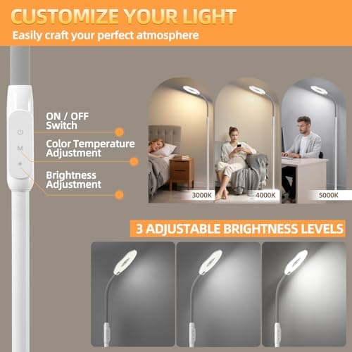 GyroVu 70" Bright LED Floor Lamp for Living Room, Dimmable Standing Tall Lamps with Color Temperature Adjustable, Touch Control Gooseneck Reading Light for Bedroom Office - Thumbnail 2