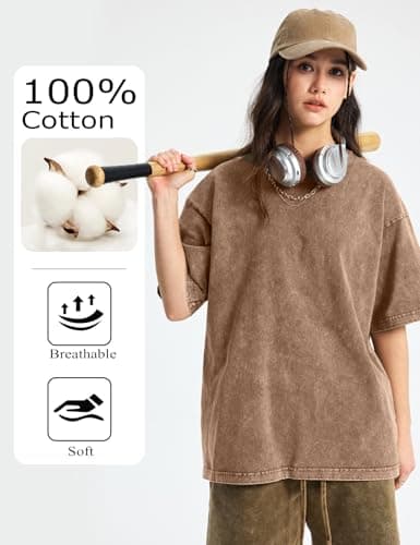 Yimoon Oversized Tshirts for Women Acid Wash Cotton Tee Shirts Baggy Boyfriend Vintage Streetwear Tops(Greykhakibeige-S) - Thumbnail 4