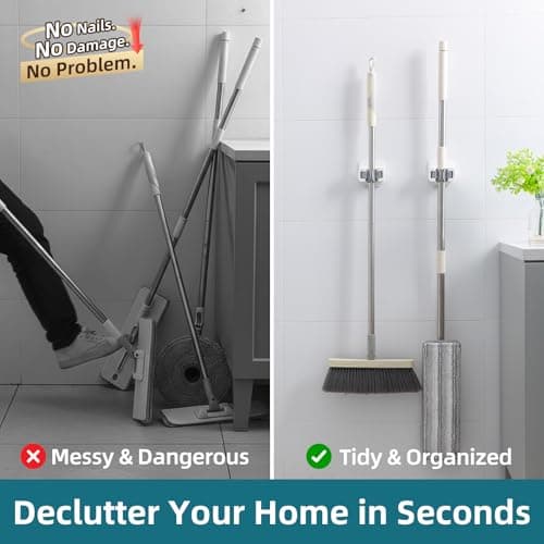 TAILI Mop and Broom Holder Wall Mount Grippers, 2 Hangers and 6 Adhesive Strips, Damage Free Hanging Wall Mount, Household Cleaning Organizer for Organization and Storage, Holds up to 4 lbs, Grey - Thumbnail 6