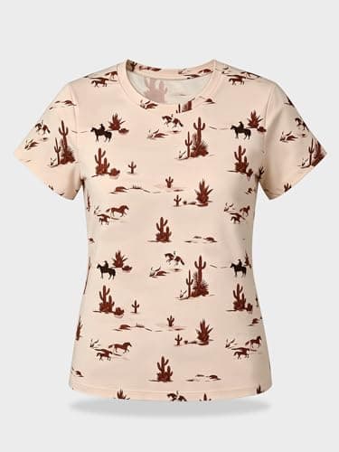 Women's Western Graphic Tees Summer Short Sleeve Rodeo T Shirts Crew Neck Casual Cute Cowgirl Tops Outfits Khaki - Thumbnail 4