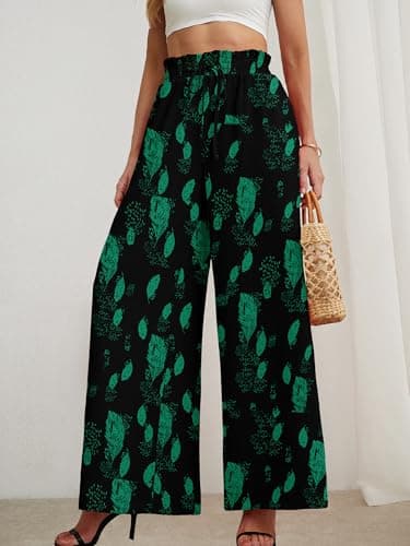 Heymoments Women's Wide Leg Dress Pants with Pockets Green Leaves Black Large Lightweight Elastic High Waisted Adjustable Tie Knot Flowy Casual Ladies Beach Pleated Trousers - Thumbnail 3