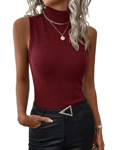 LaGracia Womens Mock Neck Sleeveless Sweater for Women Summer Spring Business Casual Wool Blend Tank Tops Knit Pullover Sweaters DarkRed S - Image 1