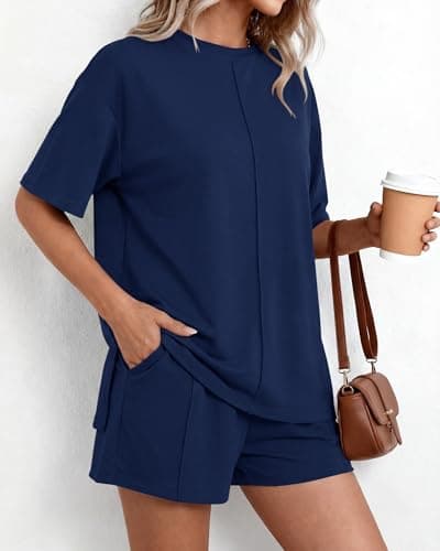 BTFBM Casual 2 Piece Sets For Women Summer 2026 Short Sleeve Tops Shorts Spring Lounge Matching Workout Airport Outfits(Navy Blue,Medium) - Thumbnail 6