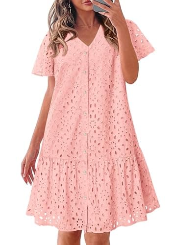 KIRUNDO Eyelet Dresses for Women 2026 Spring Summer Short Sleeve Button Down Loose Mini Babydoll Dress Beach Vacation Clothes(Pink, Medium) - Image 1