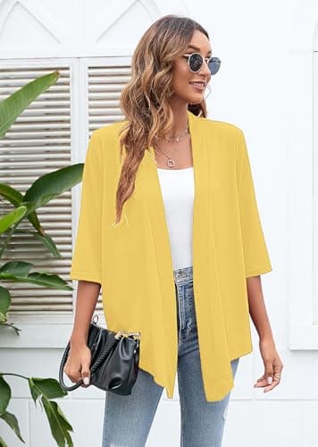 Heymoments Cardigan for Women Draped Yellow XXX-Large Open-Front 3/4 Sleeve Lightweight Casual Soft Drape Summer Fall Kimonos Cardigans - Thumbnail 4