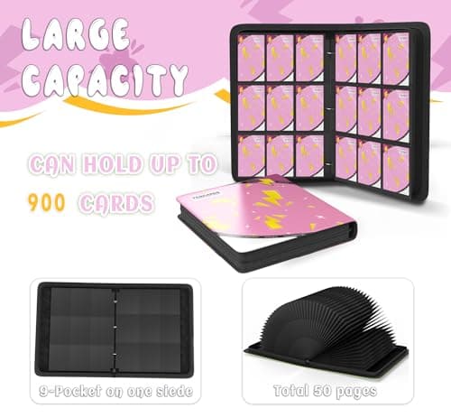 Trading Card Binder 9 Pocket,Card Binder 900 Pockets,Card Book Holder Cards with 50 Removable Sleeves,3-Ring Zip Design MTG/TCG/Sport Collectible Trading Card Albums Gifts for Boys and Girls (Pink) - Thumbnail 4