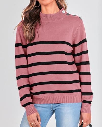 KIRUNDO Fall Sweaters for Women 2026 Striped Turtleneck Ribbed Knit Sweater Trendy Pullover Jumper Winter Fashion Clothing(Large, Dusty Pink) - Thumbnail 4
