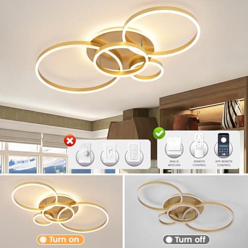 Modern LED Ceiling Light Gold Flush Mount Ceiling Light Dimmable Dining Room Light Fixtures with Remote 4 Rings Acrylic Kitchen Lighting Fixtures Ceiling Lamp for Living Room Bedroom (Gold, 4 Rings) - Thumbnail 4