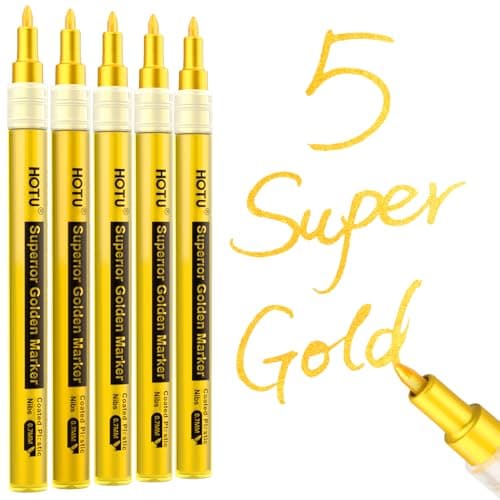 HOTU 5 Pack Super Gold Paint Markers - Metallic Gold Acrylic Paint Pens Glitter Extra Fine Tip 0.7mm for Black Paper,Wood, Rock Painting, Glass, Fabric - Image 1