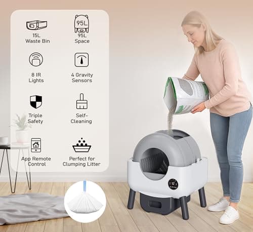 Automatic Self Cleaning Litter Box, MeowWhimsy Extra Large Automatic Cat Litter Box Self Cleaning Robot S7 for Cats, Smart Safety Sensors-App Control-Low Noise, Washable Tray,40 pcs Trash Bag - Thumbnail 5