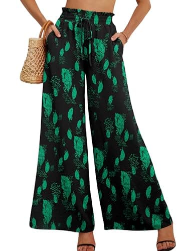 Heymoments Women's Wide Leg Dress Pants with Pockets Green Leaves Black Large Lightweight Elastic High Waisted Adjustable Tie Knot Flowy Casual Ladies Beach Pleated Trousers
