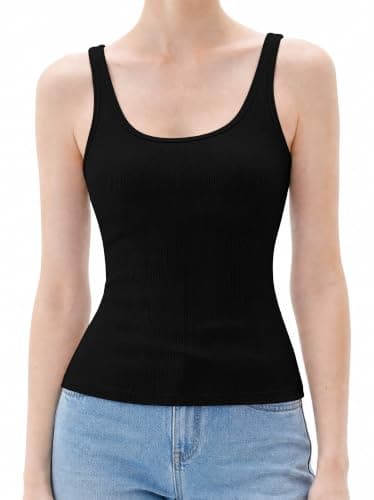 Womens Ribbed Tank Top Built in Bra Square Neck Sleeveless Basic Scoop Neck Crop Going Out Slim Fitted Y2k Clothes (Black,XL)