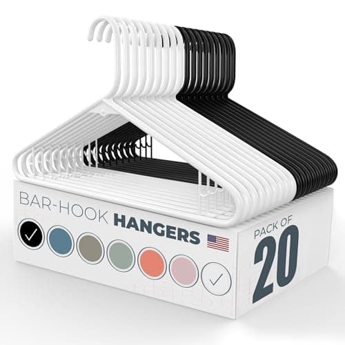 Neaties Plastic Hangers 20 Pack - Made in the USA - 6lb Capacity Standard Clothes Hangers with Strap Hooks for Dresses, Lingerie, Shirts, Pants, and Jackets - White & Black - Image 1