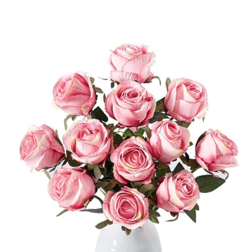 Wenhuidr 12pcs Light Pink Roses Artificial Flowers – Realistic Silk Velvet Fake Flowers with Long Stems for Valentines Day Wedding Bouquets Home Decoration Party Centrepieces & DIY Floral Arrangements