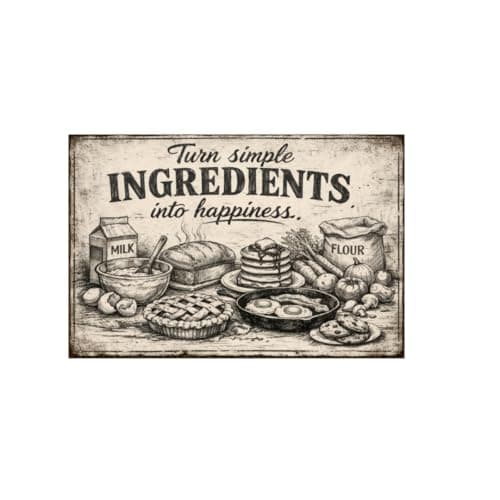 Turn Simple Ingredients Into Happiness Vintage Tin Sign Rustic Kitchen Wall Decor Metal Plaque Farmhouse Baking Food Illustration Art Cafe Pantry Dining Room 8x12 Inch Pre Drilled Holes - Image 1
