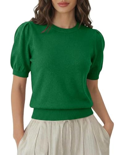 LaGracia Womens Cropped Sweater Puff Short Sleeve Spring Summer Work Tops Crew Neck Sweaters Green S - Image 1