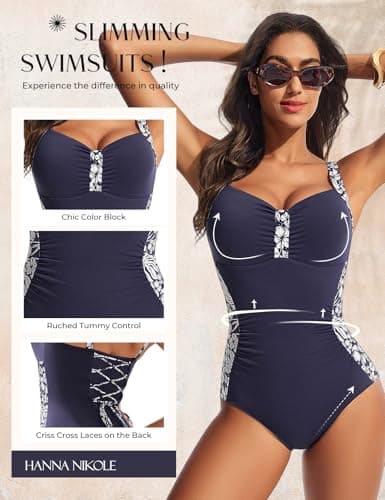 Hanna Nikole Push Up Swimsuits Long Torso Swimwear Full Coverage Slim Bathing Suit Navy Blue White Florals XX-Large - Thumbnail 3