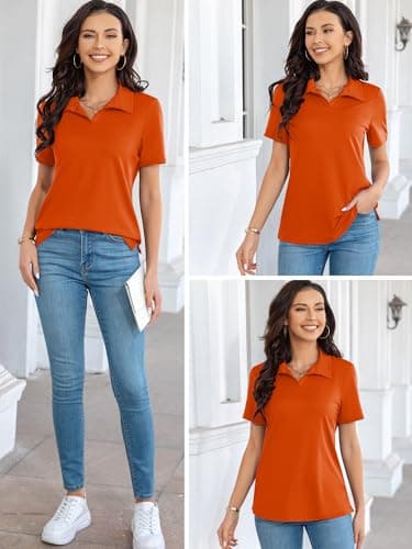 MK Shop Limited Polo Shirts for Women Business Casual Work Lapel Collared Tops V Neck Short Sleeve Summer Quick Dry Golf Polos Tunic Blouse Orange XXL - Thumbnail 5
