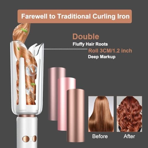 JINRI Automatic Rotating Curling Iron-Beach Waves Curling Wand, Pumped-Up Volume, Portable Hair Curler, 500 Million Ionic, Dual Voltage & Lightweight for Travel, Ceramic Coating, 1 Inch, White - Thumbnail 4