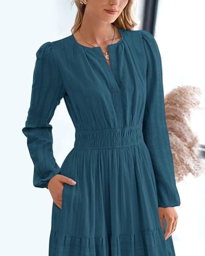 BTFBM Spring Dresses for Women 2026 Casual Long Sleeve V Neck Elastic Waist Lightweight Maxi Wedding Guest Dress Pockets(Lake Blue, Small) - Thumbnail 6