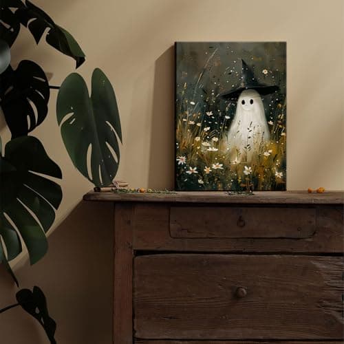 Vintage Cute Ghost Canvas Wall Art Funny Ghost with Witch Hat Poster Prints Wildflower Field Halloween Spooky Gothic Dark Academia Wall Decor Pictures 12x16in - Thumbnail 2