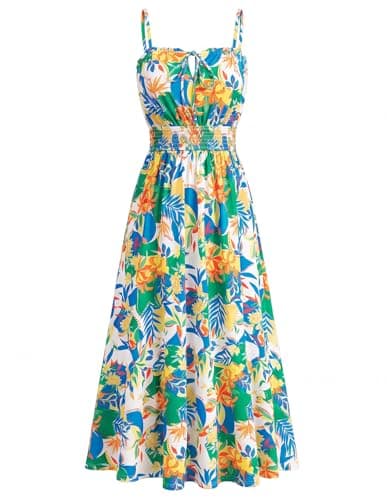 GRACE KARIN 2026 Women's Hawaiian Midi Sundress Summer Vacation Spaghetti Floral Clothes Boho Casual Dresses with Pockets Yellow Green Blue Floral S - Image 1