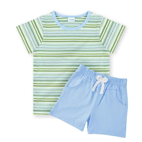 JiuBreeze Toddler Baby Boy Summer Outfit Striped Short Sleeve T-Shirt Shorts Set 2-Piece Boys Outfits Clothing Sizes 18M-5T (Rainbow Blue, 18-24M) - Image 1