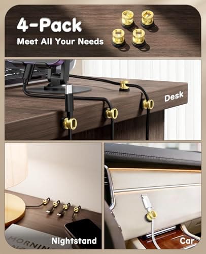 Maveek Magnetic Cable Holder, High-Grade Metal Cord Management Clips Magnet Cable Anchor For Desk Nightstand Car Office USB Charging Wires (4 Pack, Gold) - Thumbnail 2