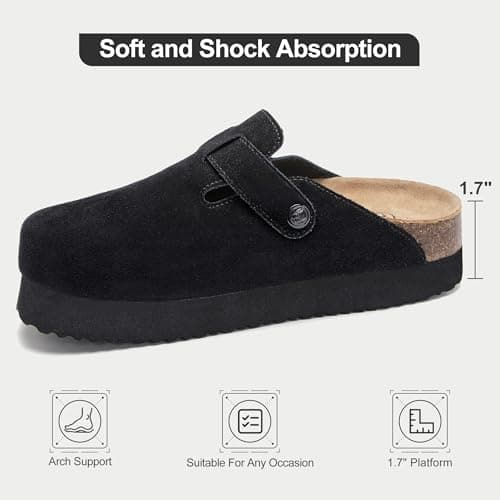 Brelzo Calvior Platform Clogs for Women Arch Support Suede Clogs Soft Mules Potato Shoes Casual Slipper Sandals with Adjustable Buckle, Non-Slip Black - Thumbnail 5