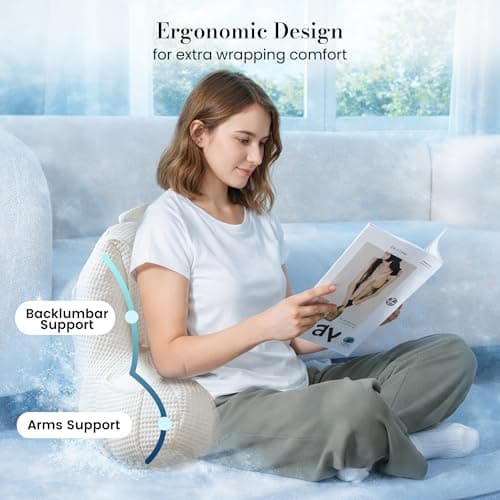 Amélie Home Premium Cooling Waffle Reading Pillow, Qmax>0.37 Ergonomic Backrest Support with Pocket & Handle, Breathable Lounging Pillow for Bed Sofa Floor Summer, 17 Inches, Ivory - Thumbnail 3
