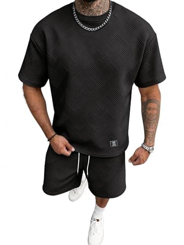 JEMLDL Mens 2 Piece Shorts Set Summer Jacquard Knit T-Shirt and Shorts Outfits Lounge Wear Casual Clothing with Pockets Black L - Image 1
