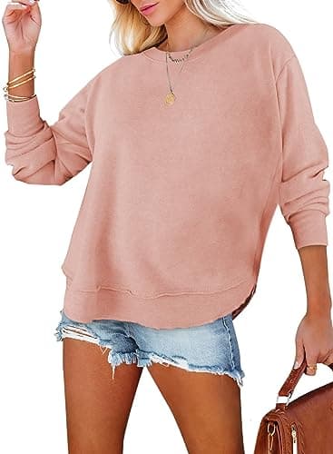 EVALESS Oversized Sweatshirt for Women Fashion 2026 Fall Crewneck Comfort Colors Cotton Sweatshirts Long Sleeve Side Split Irregular Curved Hem Tunic Tops Casual Loose Workout Outfits Pink XX-Large - Image 1