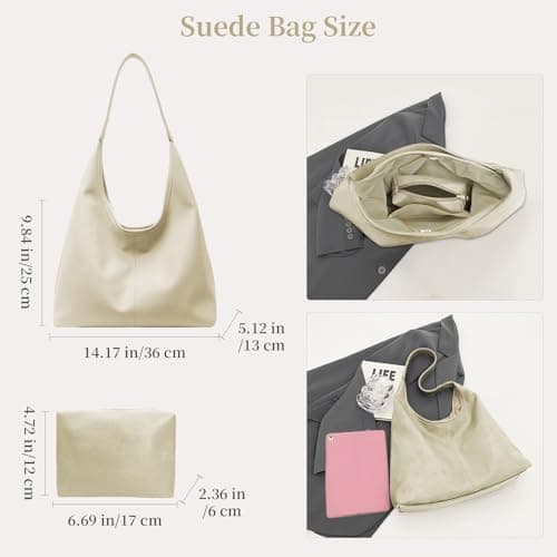 JueiXeoy Leather Hobo Bags for Women Slouchy Tote Bag Retro PU Leather Purse Soft Shoulder Handbags Large Work Tote Bag 2pcs Beige - Thumbnail 4