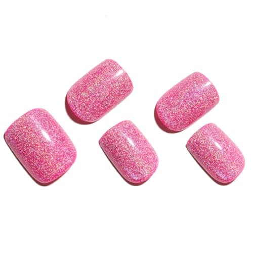 GLAMERMAID Laser Hot Pink Short Press on Nails, Aurora Cat Eyes Handmade Extra Short Squoval Glue on Nails for Women, Summer Square Soft Gel Fake Nails, Round Reusable Acrylic False Nail Kit for Women - Thumbnail 5