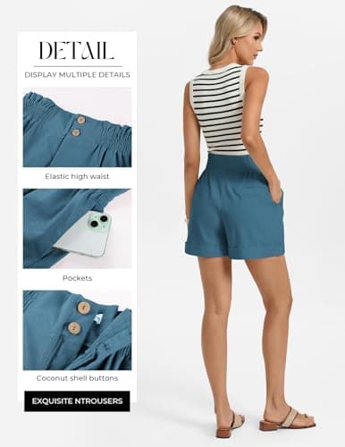 GRACE KARIN Linen Short for Women Honeymoon Vacation Outfits Travel Lounge Shorts with 2 Buttons Pockets Denim Blue M - Thumbnail 3