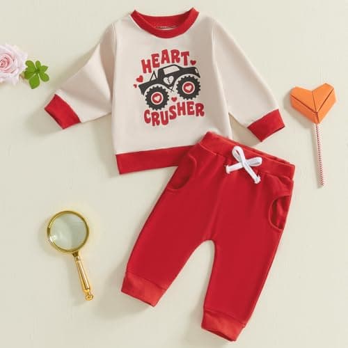 TheFound Toddler Boys Valentine's Day Outfits Heart Truck Print Long Sleeve Sweatshirts Top Long Pants Newborn Baby Clothes (Red, 18-24 Months) - Thumbnail 3