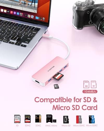 LENTION 5 in 1 USB to USB-C Adapter with Micro SD/SD Card Reader for iPhone, 4K@30Hz HDMI to USB C Hub Multiport Adapater with 3 USB 3.0 Compatible with 2025-2018 MacBook Pro MacBook Neo(Rose Gold) - Thumbnail 5