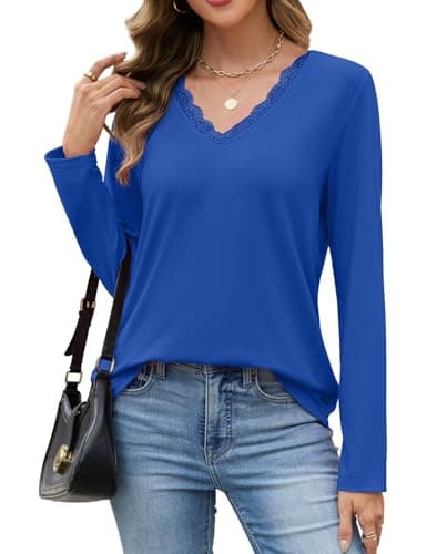 JUSTFASHIONNOW Winter Tops for Women V Neck Long Sleeve Shirts Trendy Lace Shirt Loose Fit Basic Tee Dressy Casual Work Office Outfits 2025 (Blue,Large) - Thumbnail 2
