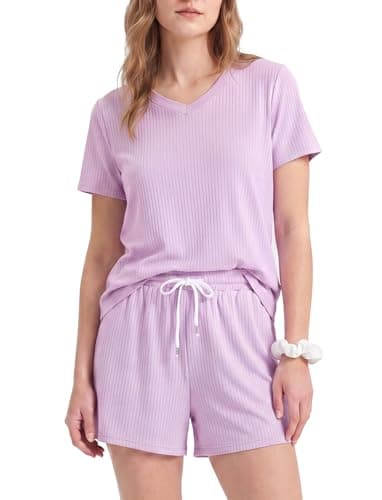 PATPAT Womens Pajama Set 2 Piece Ribbed Knit Soft Lounge Set with Pockets Short Sleeve Top and Shorts Summer Sleepwear Outfit Purple, M - Image 1