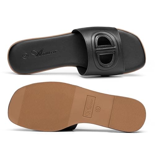 Athlefit Black Flat Sandals for Women Square Open Toe Comfortable Slip On Summer Beach Slide Sandals Size 5.5 - Thumbnail 5