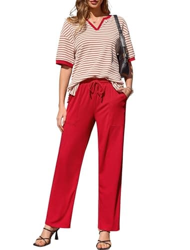 difficort 2 Piece Sets for Women Two Piece Set Summer Outfits Fashion Clothing Travel VacationCruise Outfits Spring Clothes Trendy Lounge Sets Holiday Matching Wide Leg Pants Red Apricot Stripe L - Image 1