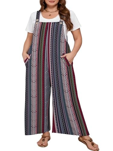 AusLook Plus Size Women's Adjustable Straps Jumpsuits Bohemian Colorblock Lines 3X Casual Loose Wide Leg Overalls with Pockets - Image 1