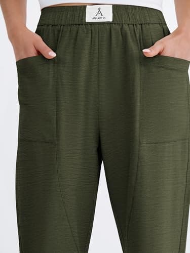 ANRABESS Womens Casual Pants 2026 Summer Loose Fit Lounge Pants with Pockets High Waisted Elastic Waist Straight Leg Trousers Army Green S - Thumbnail 5