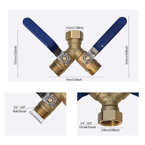 Cbumane Brass Garden Hose Diverter 2-Way Heavy Duty, Y-Valve Hose, Hose splitter,US Gauge Stainless Steel Extended Handle Diverter, 3/4’ GHT Threaded Y-Valve Garden Hose Tap Adapter - Thumbnail 3
